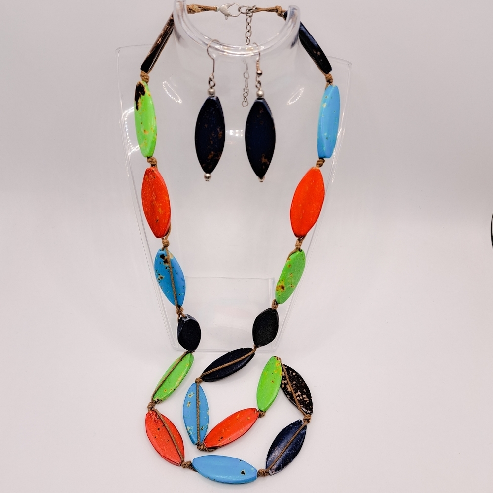 Vintage Multi-Colored Oblong Stone Necklace w/ Earrings